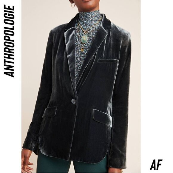 ANTHROPOLOGIE ALESSIA VELVET BLAZER IN CARBON GREEN NWT XLP - Picture 1 of 5